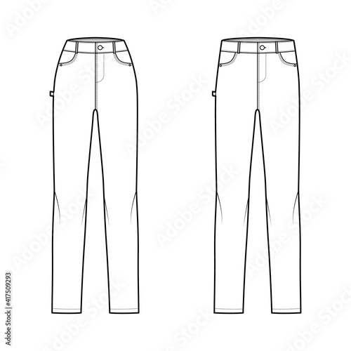 Set of Jeans carpenter Denim pants technical fashion illustration with full length, normal low waist, high rise, 5 pockets, Rivets. Flat bottom template front, white color style. Women men, unisex CAD