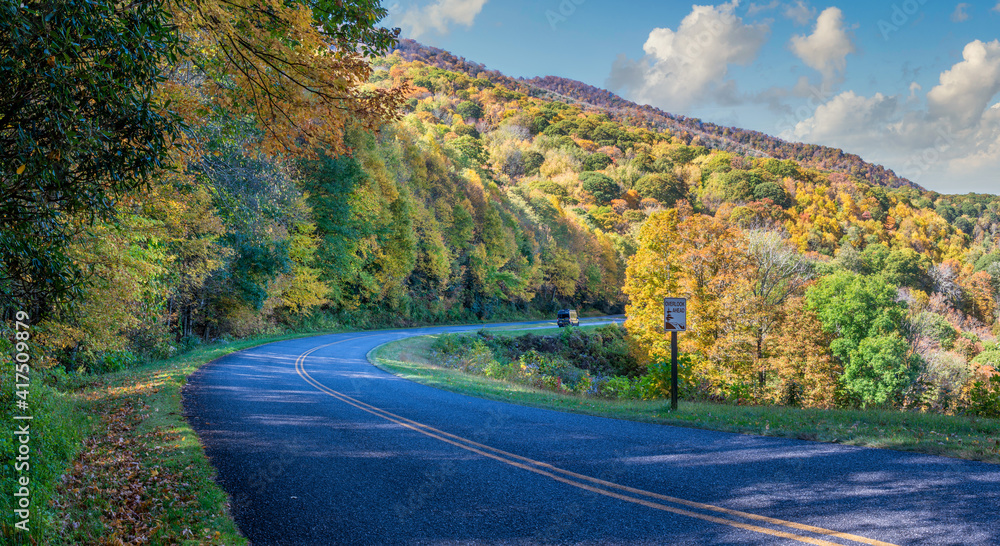 Scenic Autumn Drive on the southern portion of the Blue Ridge Parkway in North Carolina Mountains	
