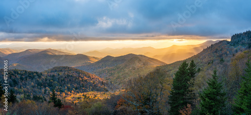 Colorful setting autumn sun on the southern stretch of  Blue Ridge Parkway - North Carolina   Cowee Mountain Overlook photo