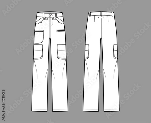 Set of Ski pants technical fashion illustration with low waist, rise, flap zipper patch pockets, belt loops. Flat bottom apparel template front back, white color style. Women, men, unisex CAD mockup