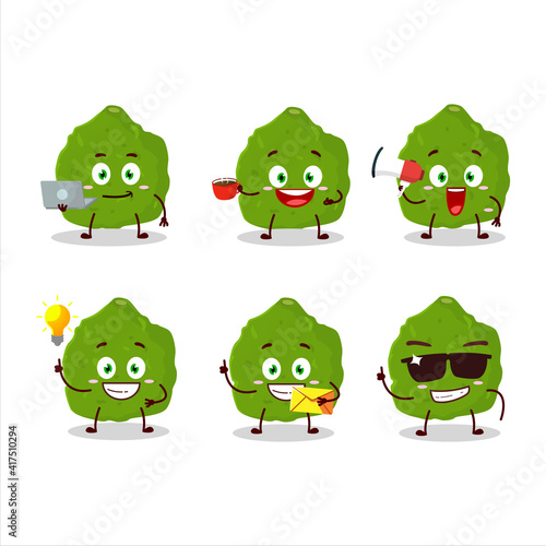 Kaffir lime fruit cartoon character with various types of business emoticons