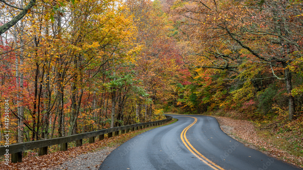 Scenic Autumn Drive on the southern portion of the Blue Ridge Parkway in North Carolina Mountains