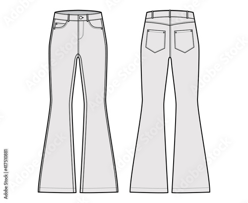 Jeans flared bottom Denim pants technical fashion illustration with full length, low waist, 5 pockets, Rivets. Flat bottom apparel template front back, grey color style. Women, men, unisex CAD mockup