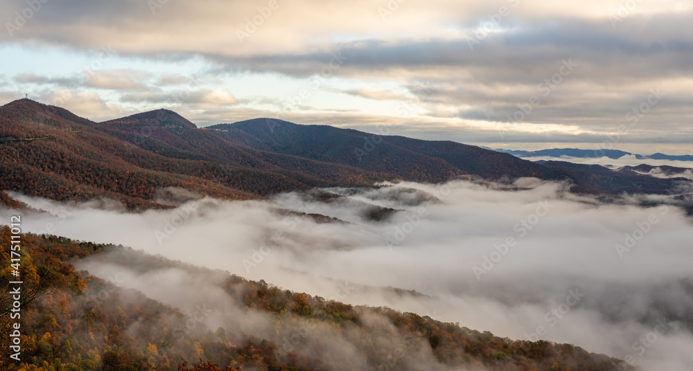 Sunrise autumn fog on the Blue Ridge Parkway  - Mountains  - Pounding Mill Overlook 