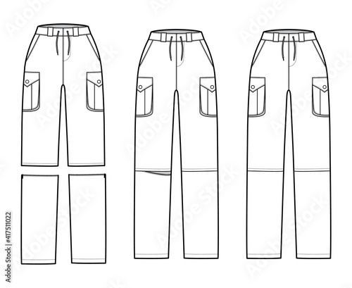 Set of Zip-off convertible pants technical fashion illustration with normal low waist, high rise, box pleated cargo pockets, loops, drawstring. Flat template front, white color. Women, men, unisex CAD