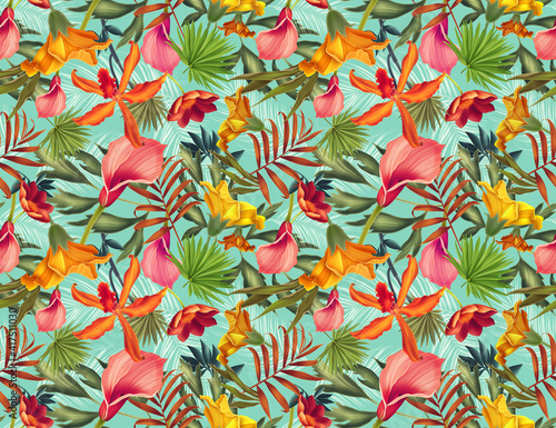 Seamless pattern with Tropical flowers and leaves design. Stylish trendy fashion floral pattern
