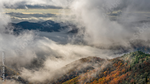 Spectacular clouds and fog on the Blue Ridge Parkway near Graveyard Fields in North Carolina