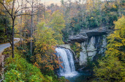 Autumn view of Looking Glass Falls in the Pisgah National Forest near brevard