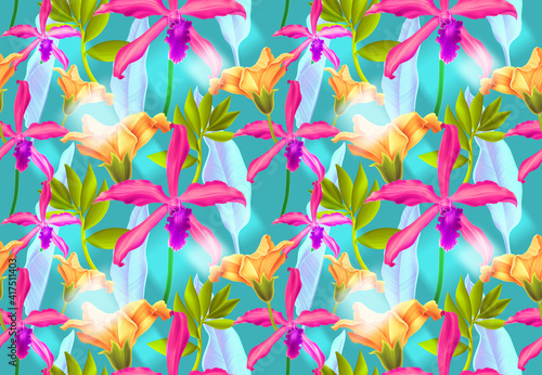 Seamless pattern with Tropical flowers and leaves design. Stylish trendy fashion floral pattern. Floral Texture for fabric.