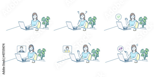 パソコンを使う女性　バリエーション　セット　イラスト素材