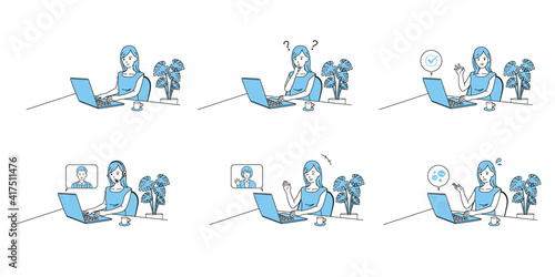 パソコンを使う女性　バリエーション　セット　イラスト素材