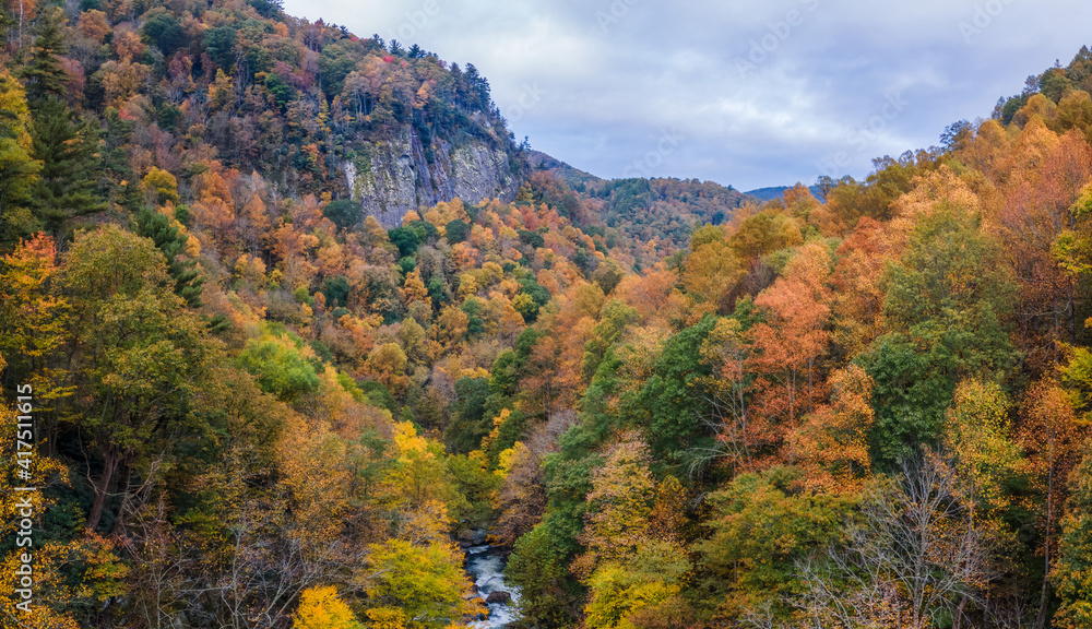 Morning Autumn view of Cullasaja Gorge on US Highway 64, Mountain Waters Scenic Highway & Waterfall Byway near Highlands, North Carolina - Nantahala National Forest Morning Autumn view of Cullasaja Gorge on US Highway 64, Mountain Waters Scenic Highway & Waterfall Byway near Highlands, North Carolina - Nantahala National Forest