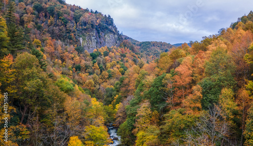 Morning Autumn view of Cullasaja Gorge on US Highway 64, Mountain Waters Scenic Highway & Waterfall Byway near Highlands, North Carolina - Nantahala National Forest