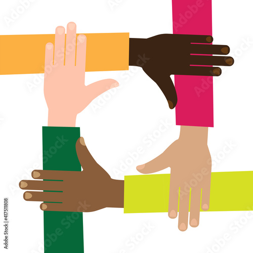 Flat unity four hands for concept design. Colorful background. Teamwork concept vector illustration. Stock image. EPS 10.
