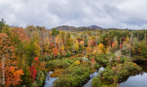 Autumn view of Lake Powhatan recreation area near Asheville North Carolina in the Blue Ridge Mountains