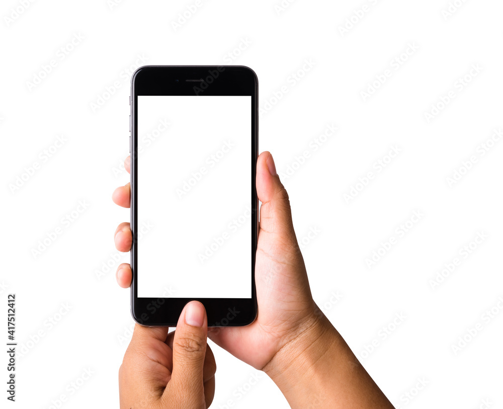 Woman hand holding mockup smartphone blank white screen. Female touch home button on modern mobile phone studio shot isolated on over white background with clipping mask path on the phone and screen