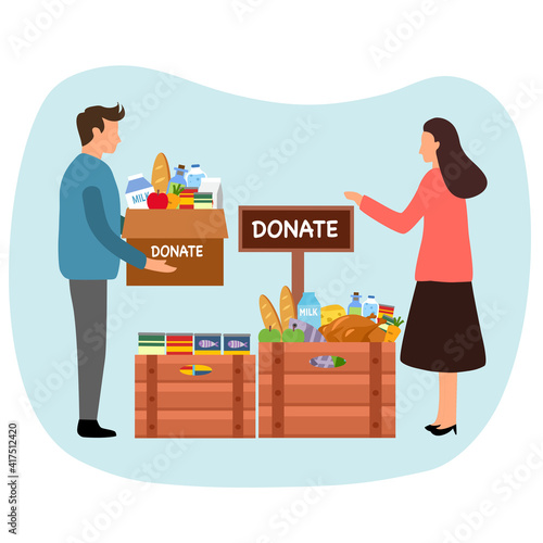 Volunteer people sharing food to poverty or homeless people. Food donation concept. Time for charity.	