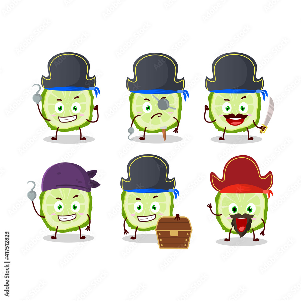 Cartoon character of slice of kaffir lime fruit with various pirates emoticons