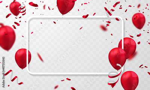 balloons red celebration frame background. red confetti glitters for event and holiday poster. singles super sale
