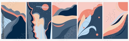 Set of posters in the style of manimalism. Abstract seascape , hand drawn. Use for packaging, wallpaper, design for textiles, postcard, concept, clipart, vector illustration.