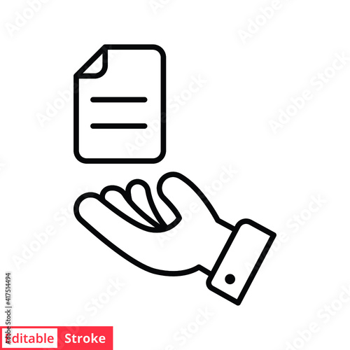 Document handover line icon. Simple outline style file symbol. Ownership, transfer, academy, business agreement concept. Vector illustration isolated on white background. Editable stroke EPS 10.