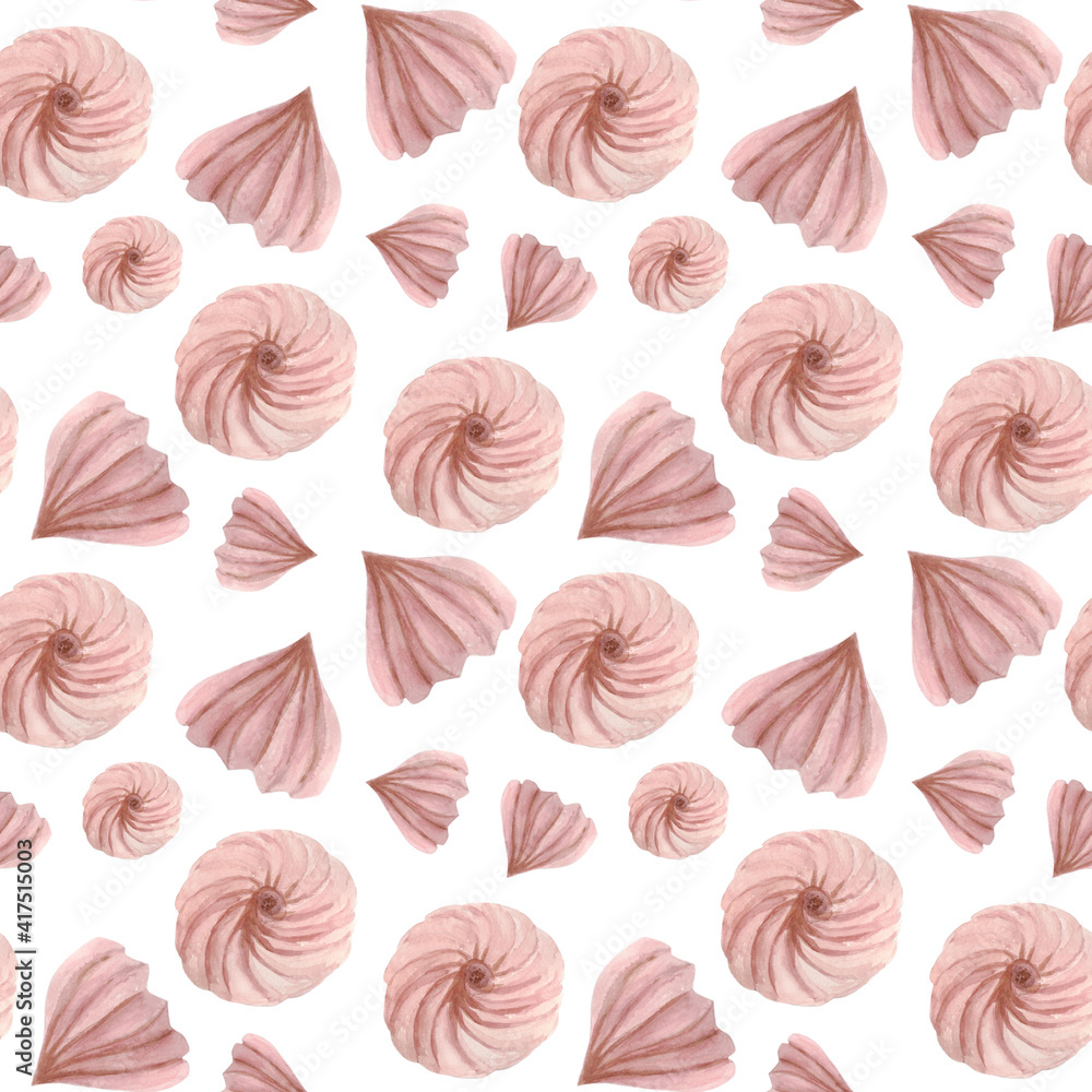 Seamless pattern with pink delicate marshmallows on a white background. The illustration is drawn in watercolour. Seamless pattern with pink delicate marshmallows on a white background. The illustration is drawn in watercolour.
