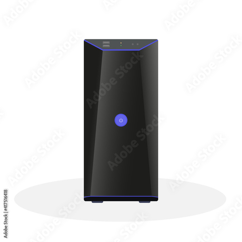 Modern computer system unit in black with a large power button, operation indicators and USB ports on the front panel. Flat vector illustration