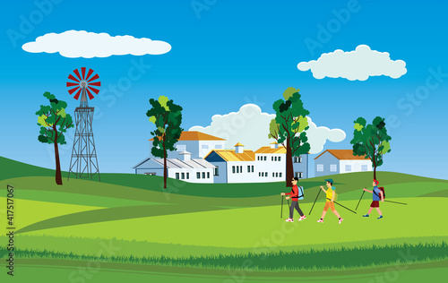 Countryside view, eco tourists walks, nature, vector