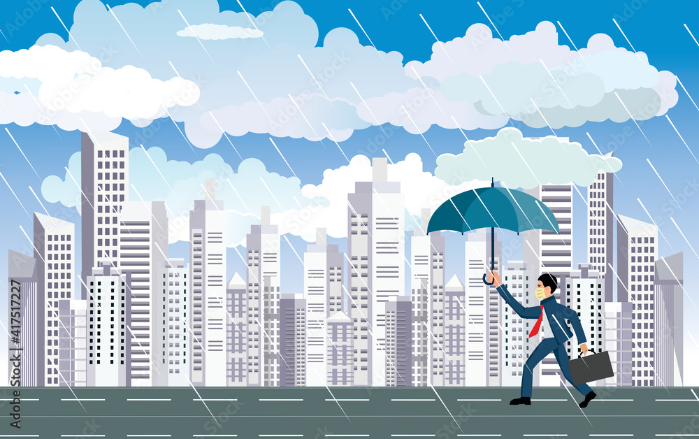 businessman walks under rain in the city , concept vector businessman walks under rain in the city , concept vector