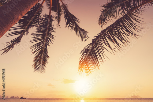 Palm tree at tropical beach on sunset sky abstract background. Summer vacation and nature travel adventure concept. © tonktiti