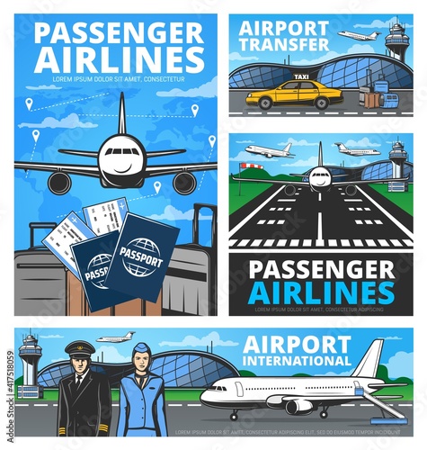 Aviation vector retro posters. Passengers airlines, international airport, taxi transfer service. Pilot and flight attendant, foreign passport, tickets and airplane on runway near airport building