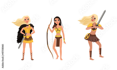 Beautiful Amazon Girls Collection, Female Ancient Warriors Characters Standing with Bow and Sword Cartoon Vector Illustration