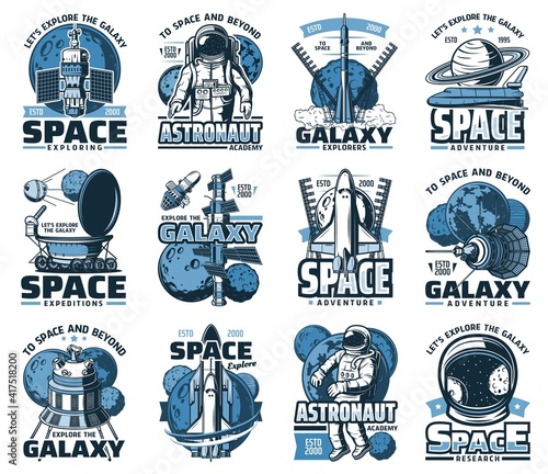Space planet, astronaut and rocket isolated vector icons of galaxy and universe travel. Spaceship, satellite, Moon and Earth, rocket launch, shuttle, lunar rover and space suit helmet retro symbols