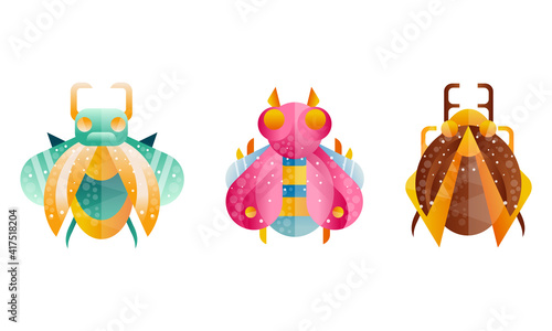 Collection of Insects, Front View of Cute Colorful Beetles Cartoon Vector Illustration