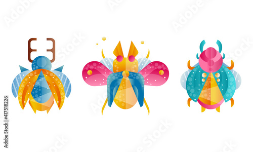 Collection of Insects, Front View of Cute Beetles Cartoon Vector Illustration