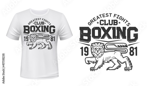 Lion t-shirt print mockup, boxing fight club team vector emblem. Angry lion or wild animal in rage mascot for boxing or kickboxing fighting club tournament or t shirt print