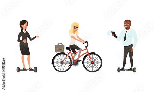 Business People Using Personal Eco Friendly Transport Set, People Riding Modern City Electric Scooter and Bicycle Cartoon Vector Illustration