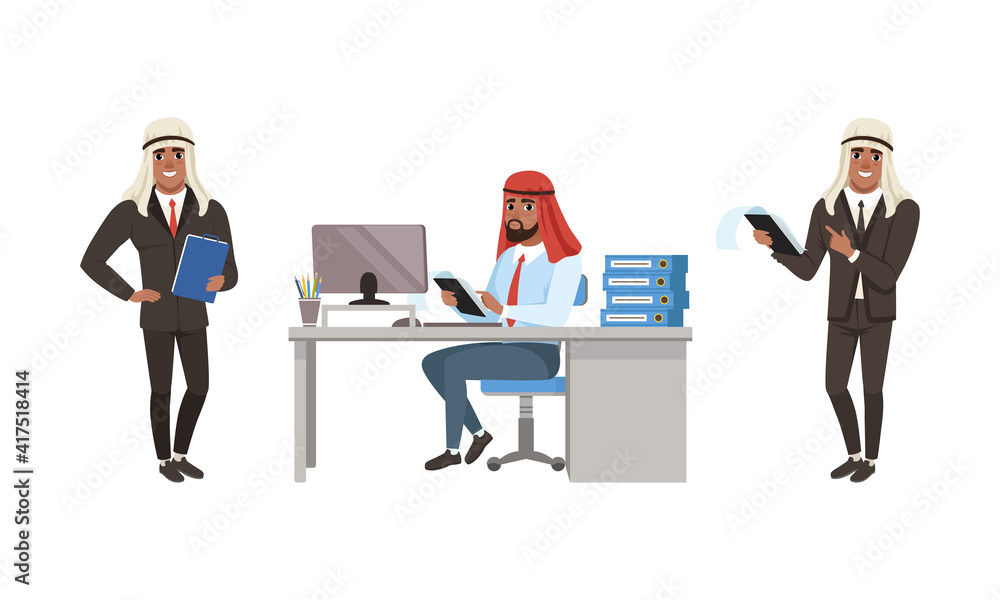 Set of Arab Businessmen Wearing Traditional Muslim Clothing Working in Office Cartoon Vector Illustration Set of Arab Businessmen Wearing Traditional Muslim Clothing Working in Office Cartoon Vector Illustration