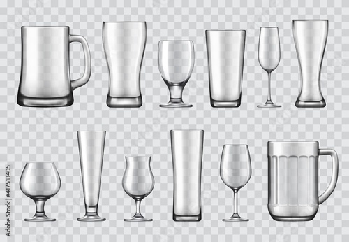 Glasses, mugs and wine glasses, crockery set. Beer tankard, champagne flute and shaker pint, snifter, tulip and goblet, pilsner, weizen 3d realistic vector mockup. Bar, restaurant and pub glassware #417518405
