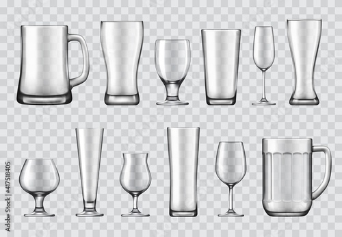 Glasses, mugs and wine glasses, crockery set. Beer tankard, champagne flute and shaker pint, snifter, tulip and goblet, pilsner, weizen 3d realistic vector mockup. Bar, restaurant and pub glassware
