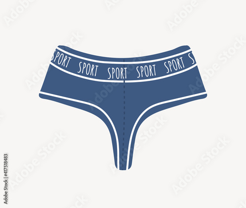 Trendy female panties. Cute sport blue panty shorts. Home nightclothes. Modern hand drawn undergarments. Vintage vector illustration in flat cartoon style. Suitable for logo, icon, banner.