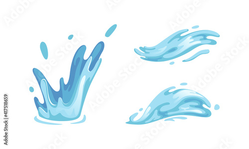 Water Splashes Set, Blue Drops and Water Waves Cartoon Vector Illustration
