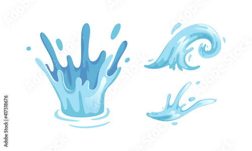 Blue Water Splashes Set, Drops and Crown from Falling, Water Waves Cartoon Vector Illustration © topvectors