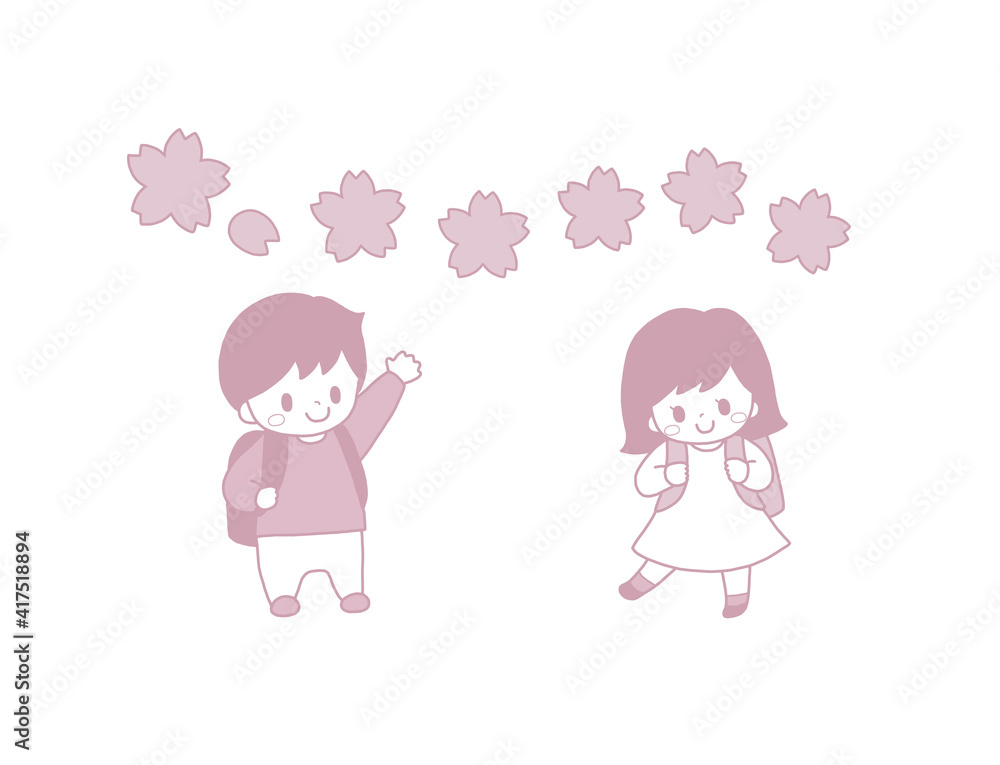 ランドセルを背負ったかわいい小学生達と並んだ桜の花の春の入学進級手描き風ピンクイラスト ランドセルを背負ったかわいい小学生達と並んだ桜の花の春の入学進級手描き風ピンクイラスト
