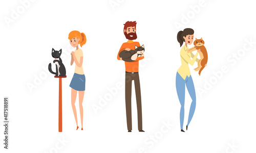 Owners Presenting their Purebred Cats at Cat Breeds Show Set Cartoon Vector Illustration