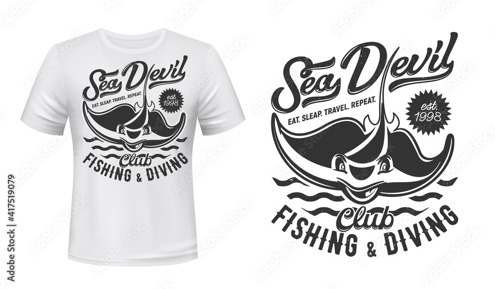 Ray t-shirt print mockup, fishing and diving club, vector icon. Stingray  sea devil or manta