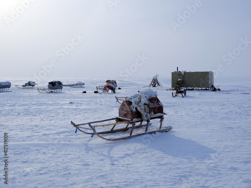 Ethnography. The modern house of the shepherds. Sleigh rides, reindeer in the Arctic Circle. Art noise