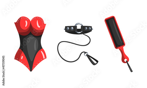 Leather corset, Paddle Slap, Collar with Steel Spikes, Fetish Stuff for Role Playing Cartoon Vector Illustration