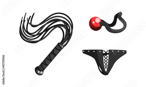 Black Leather Whip, Underpant, Ball Gag, Fetish Stuff for Role Playing Cartoon Vector Illustration photo