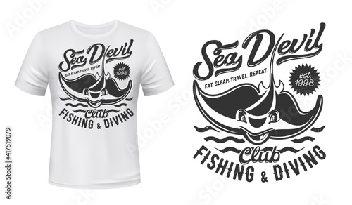 Ray t-shirt print mockup, fishing and diving club, vector icon. Stingray sea devil or manta ray fish on waves, sea and ocean scuba diving or fisher sport club symbol for t shirt print